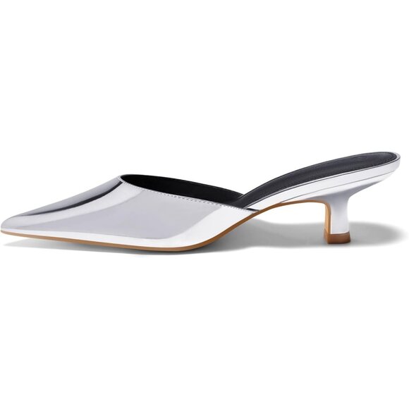 🆕 Women Silver Faux Leather Kitten Low Heels Mules Closed Toe Pumps Slip - Picture 1 of 6